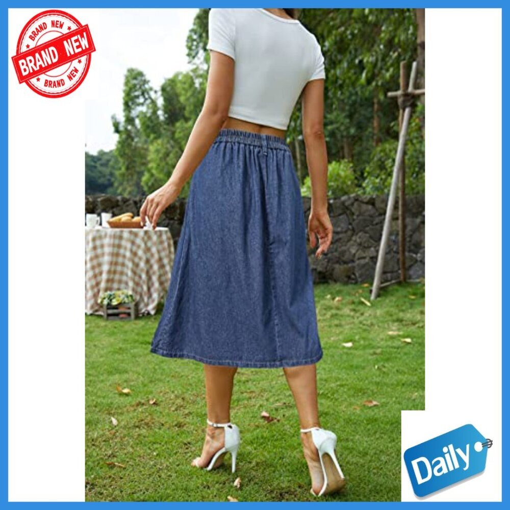 Pleated A-Line Midi Skirt with Elastic Waist and Pockets - Picture 3 of 7